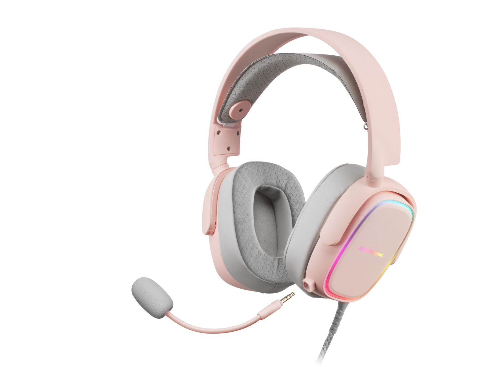 Auriculares rosas con micrófono sobre fondo blanco. Son para juegos.