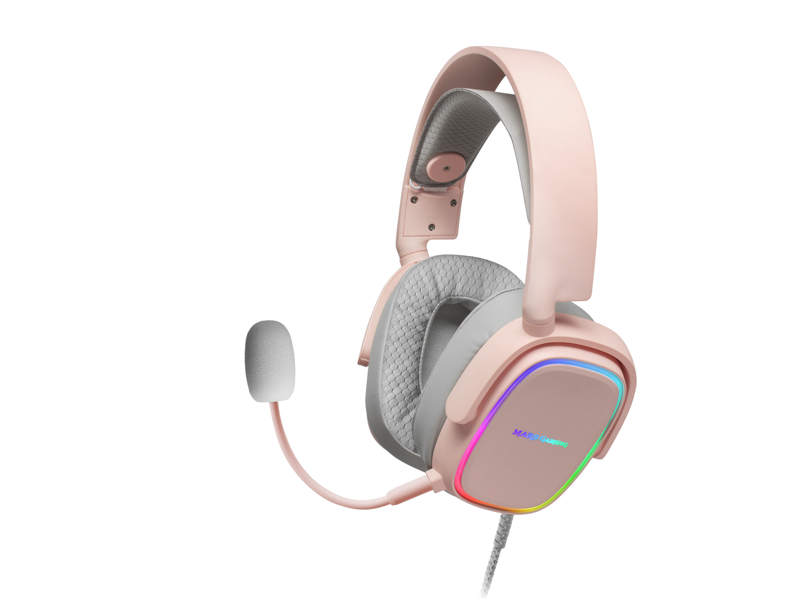 Auriculares gaming rosas con micrófono. Logo Mars Gaming visible, iluminación RGB en la orejera.