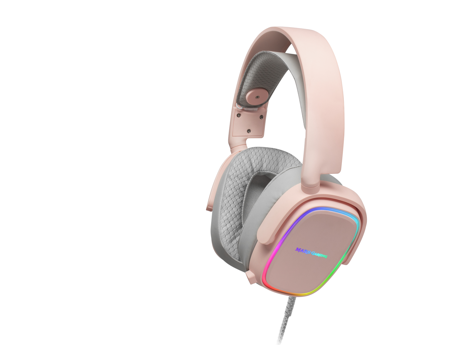Auriculares para juegos rosas con orejeras grises y una tira de luz multicolor.