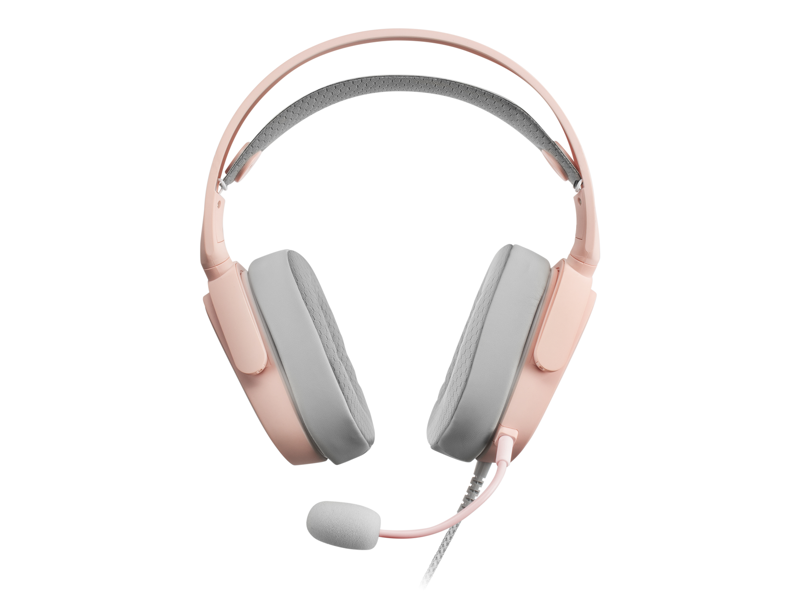 Unos auriculares rosa y grises para juegos con micrófono, sobre blanco.