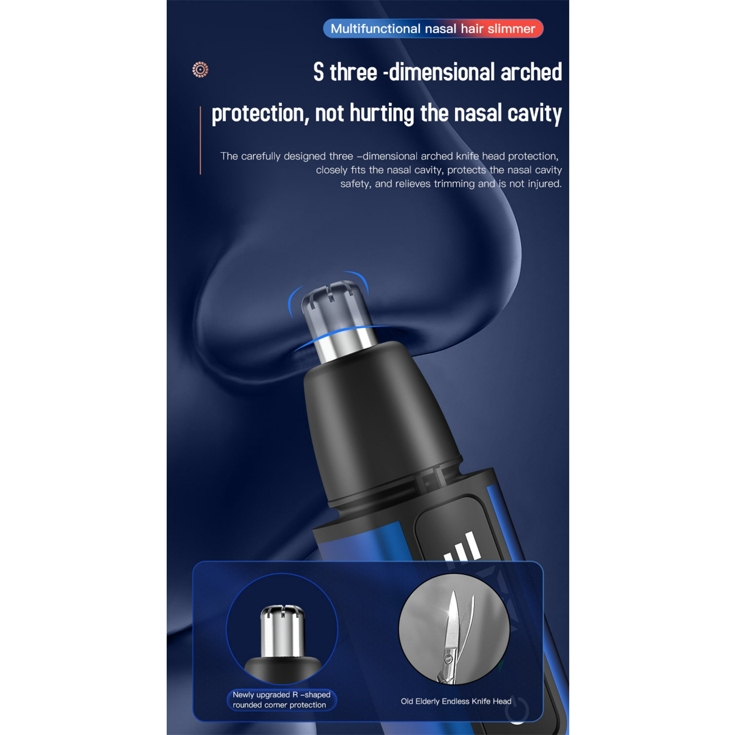 Nahaufnahme eines Nasenhaartrimmers. Der Trimmer ist schwarz und blau, auf blauem Hintergrund.