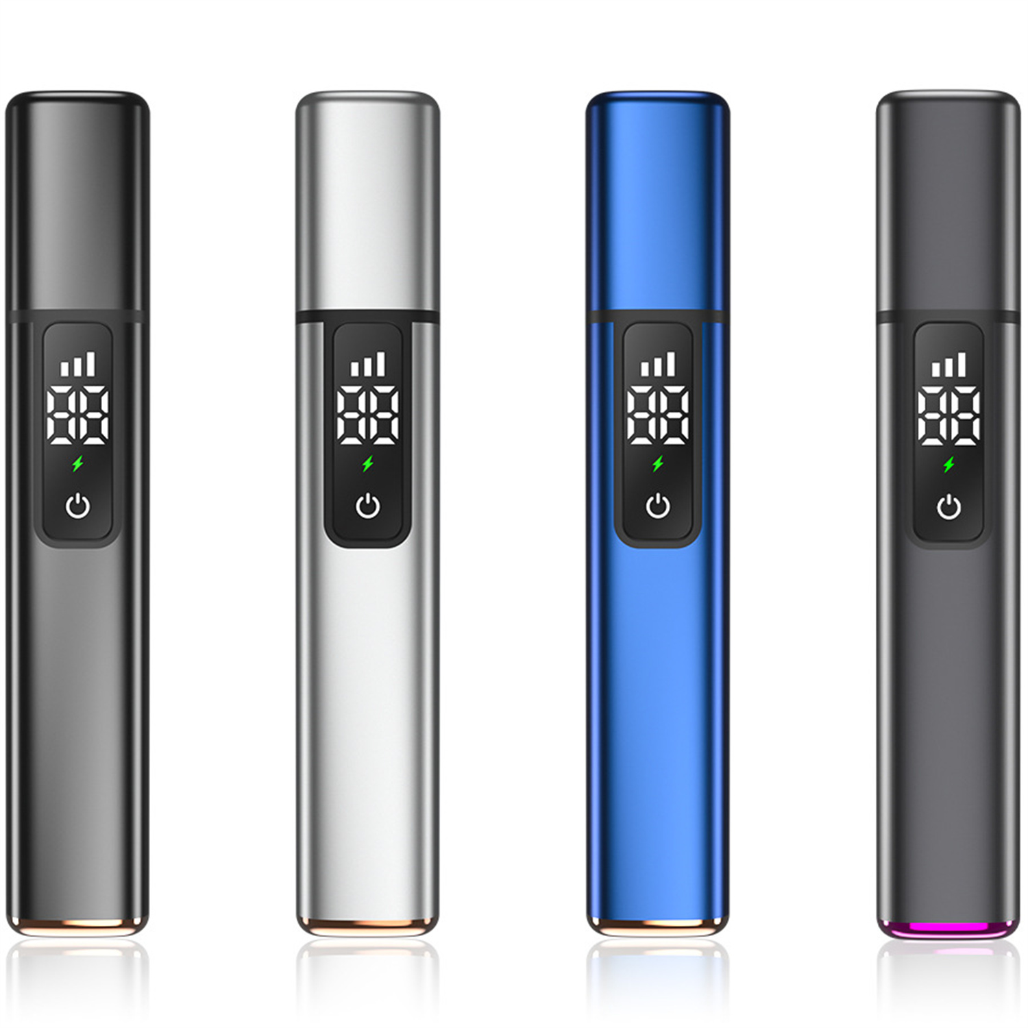 Vier schlanke, metallische Laserpointer in Grau, Silber, Blau und Dunkelgrau mit Leistungsanzeigen.