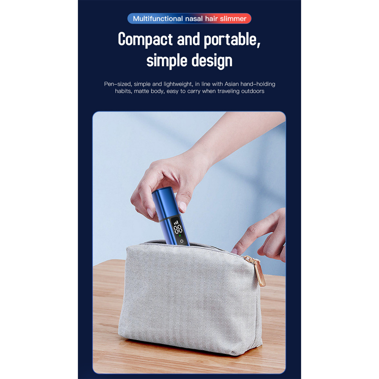 Person öffnet eine Tasche mit einem blauen Nasenhaartrimmer. Text: Kompakt und tragbar, einfaches Design.