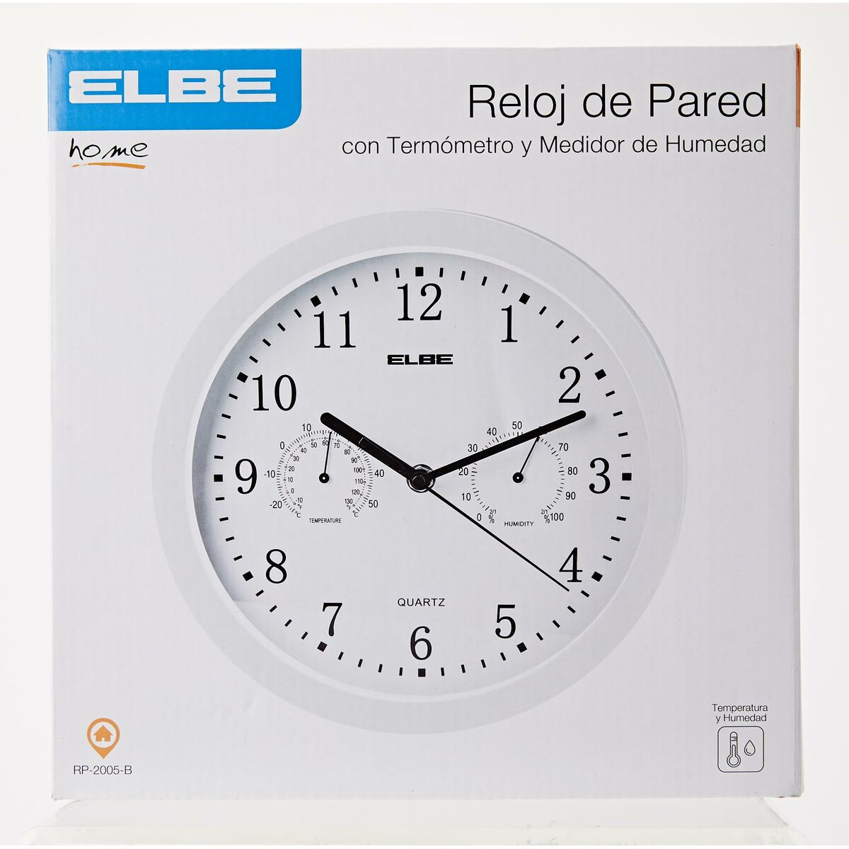 Weiße Wanduhr mit Thermometer und Feuchtigkeitsmesser. Schwarze Zeiger und Zahlen. Weißer Hintergrund.