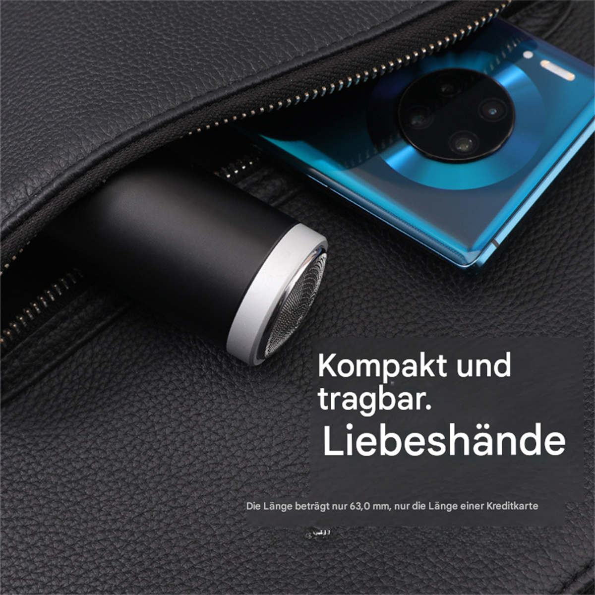 Schwarze Ledertasche mit schwarzem Rasierer und blauem Telefon. Text auf Deutsch.