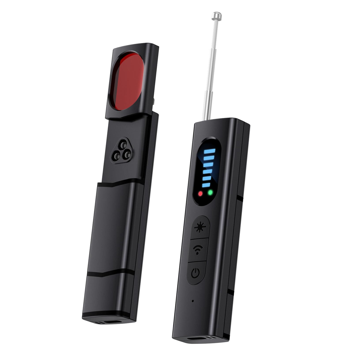Schwarzer Anti-Spionage-Detektor mit roter Linse und Antenne. Knöpfe und LED-Anzeigen. Weißer Hintergrund.
