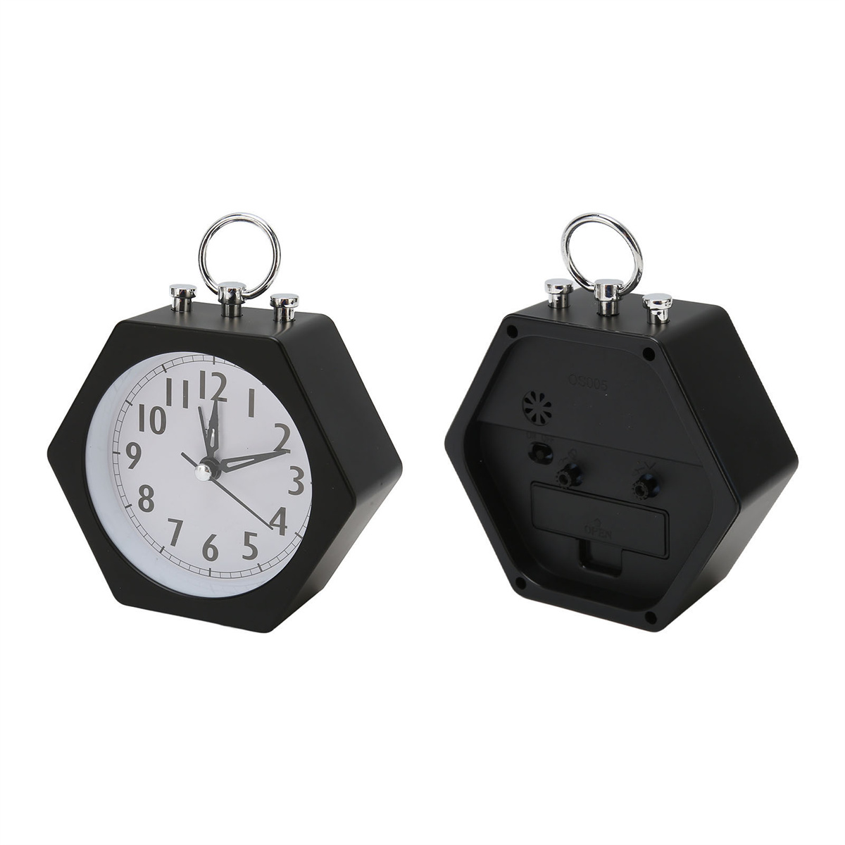 Schwarzer sechseckiger Wecker. Zeigt die Vorder- und Rückseite der Uhr. Hat einen silbernen Griff.