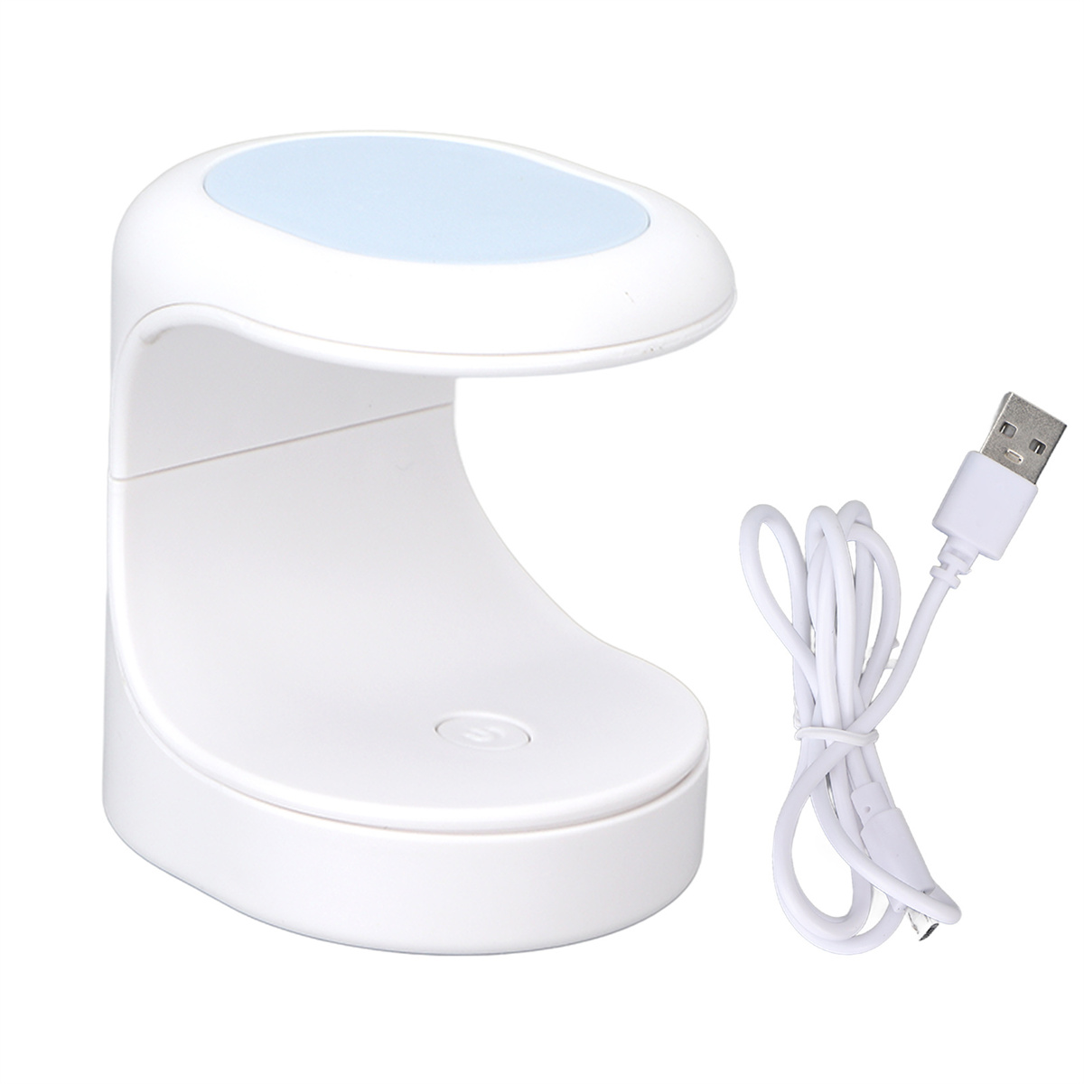 Weiße Nagellampe mit gewölbter Oberseite und USB-Kabel daneben.