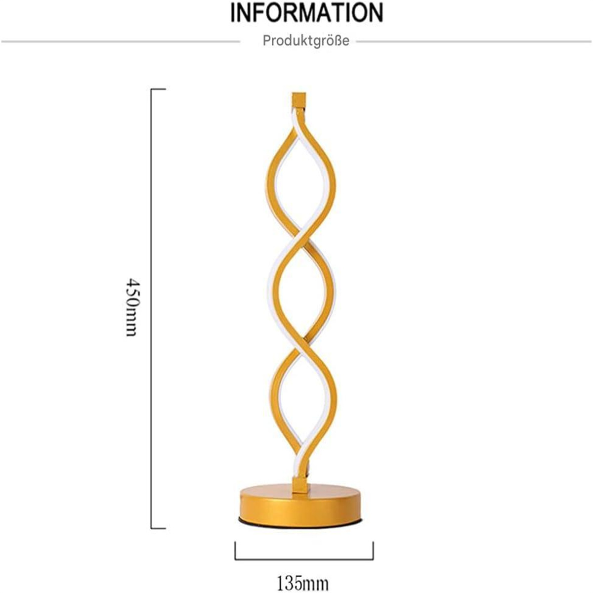 Eine goldene, abstrakte Stehlampe mit Maßangaben in Millimetern.