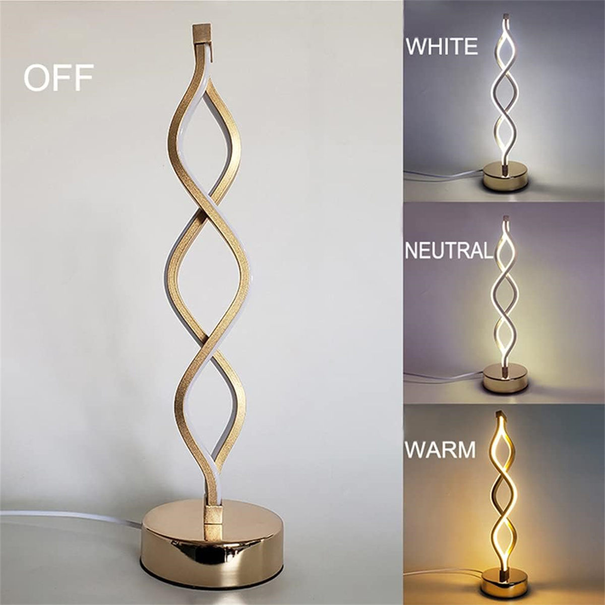 Gold-weiß-Spirallampe mit verschiedenen Lichteinstellungen: aus, weiß, neutral und warm. Steht auf goldener Basis.