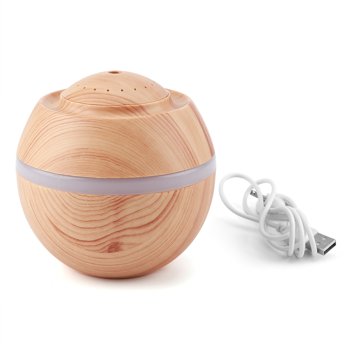 Holzartig aussehende Kugel mit weißem Lichtband, weißem USB-Kabel und weißem Hintergrund.