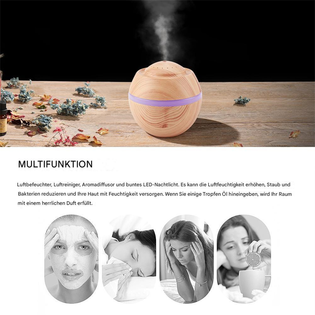 Holz-Aromadiffusor mit lila Streifen. Text über seine Funktionen und Bilder von Menschen.