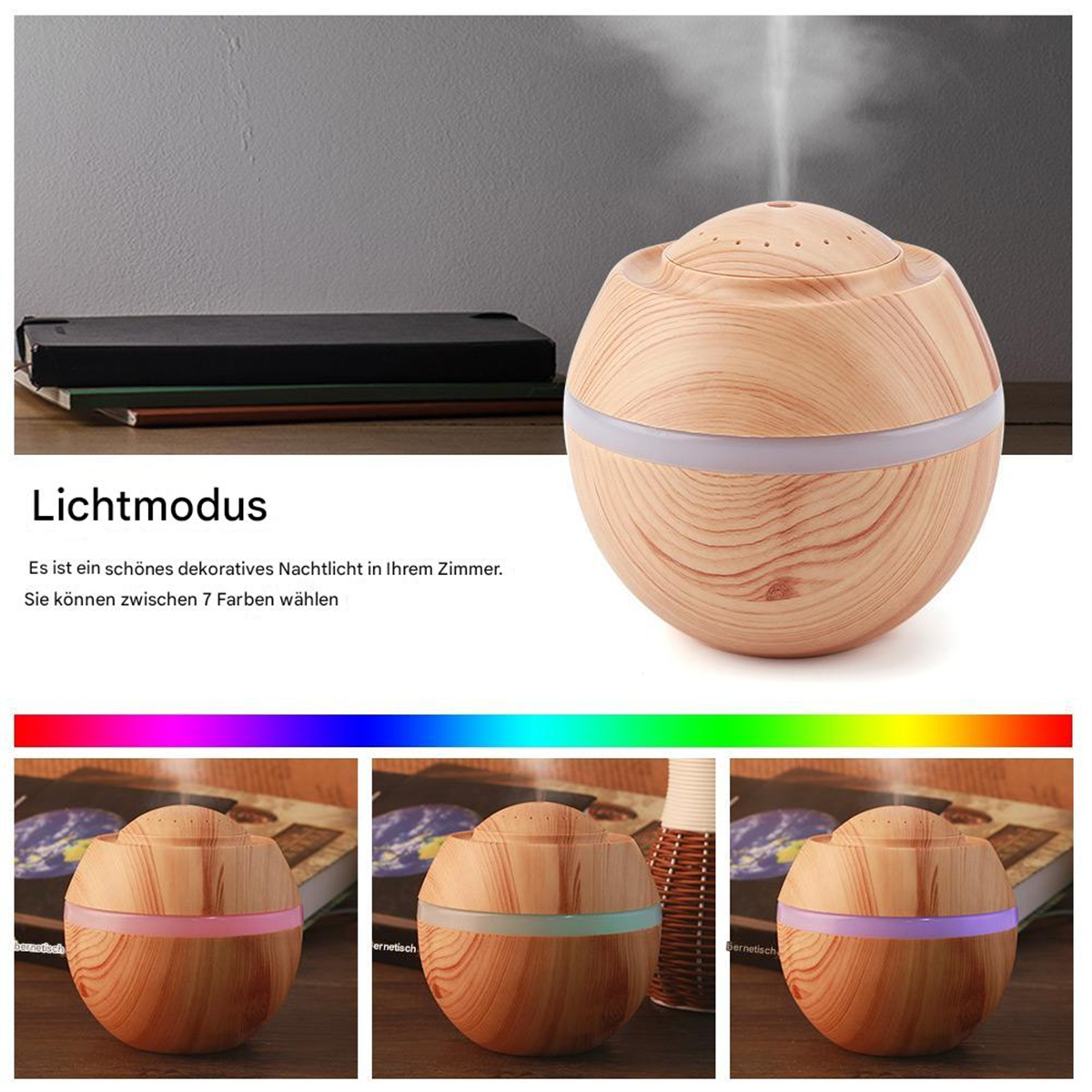 Holz-Aromadiffusor mit farbwechselnden LED-Leuchten. Drei Beispiele zeigen Farben.