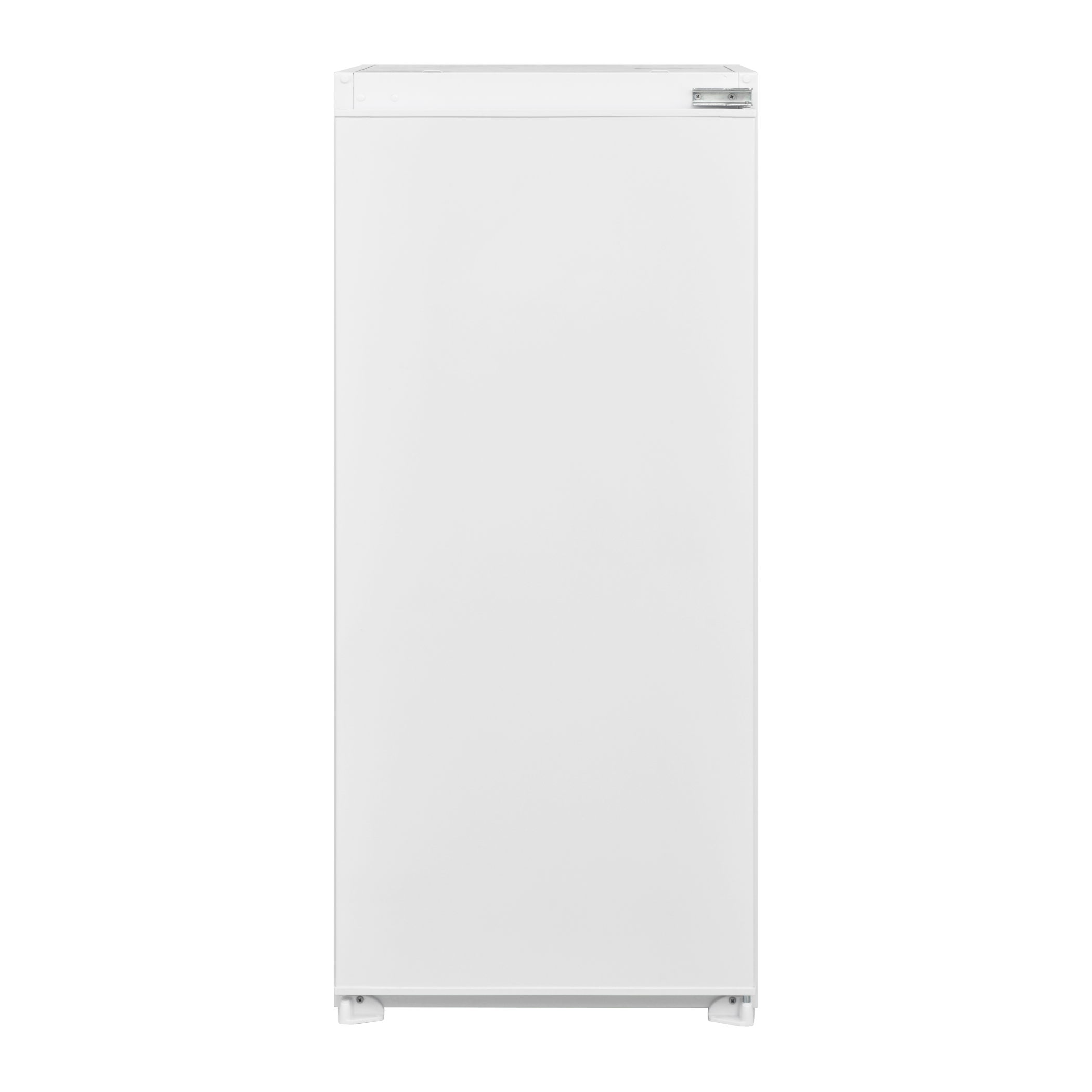 A tall, white refrigerator on a black background. Simple and clean design.