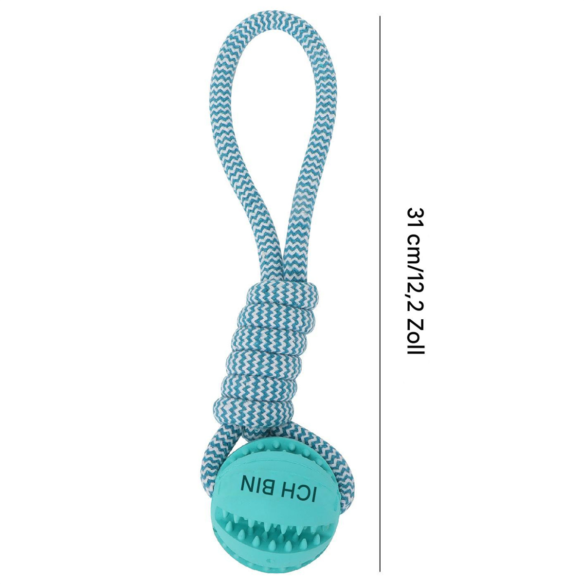 Ein blaues und weißes Hundespielzeug mit Seil und Ball mit der Aufschrift 'ICH BIN'.