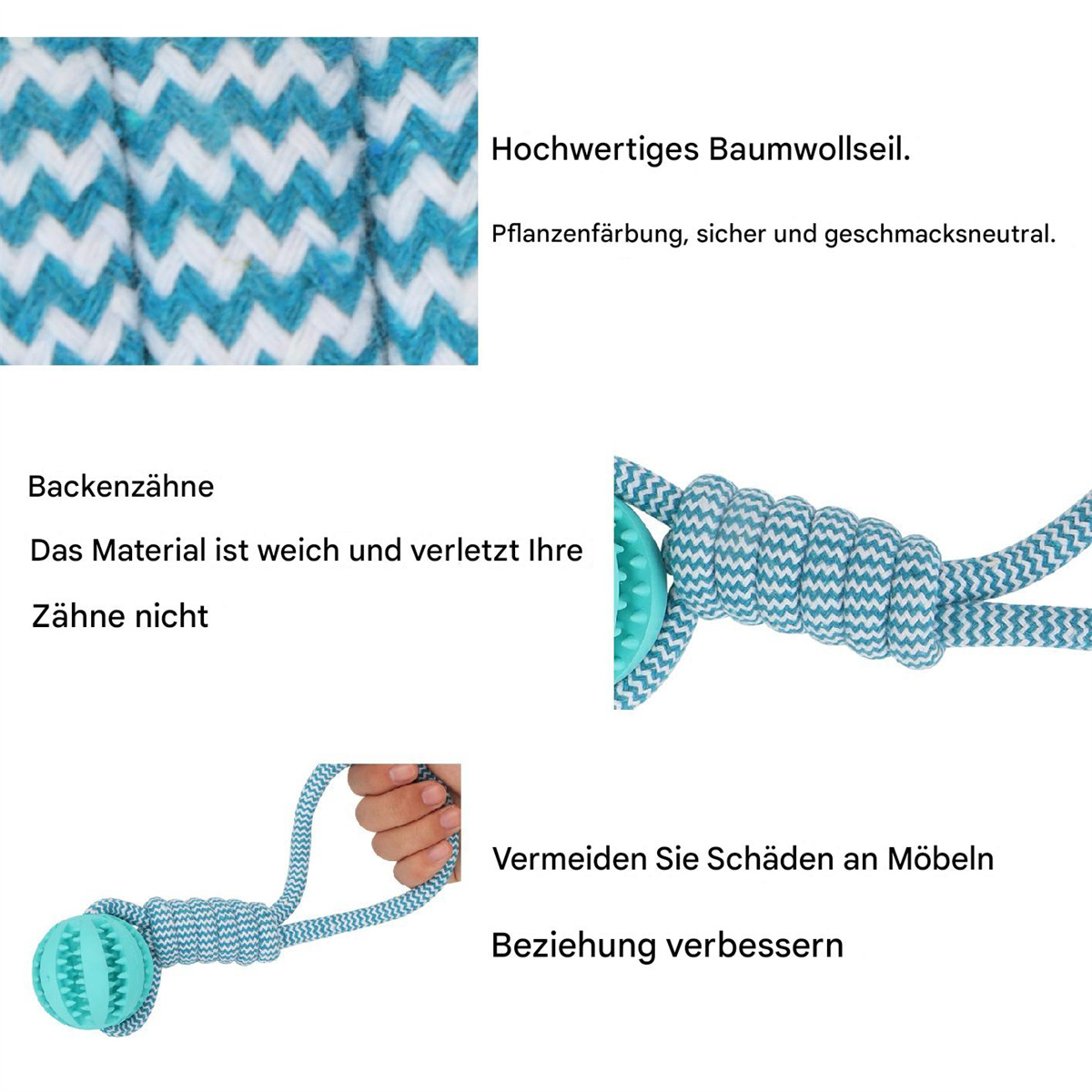 Nahaufnahme von Hundespielzeug, blau-weißes Seil mit Ball. Text auf Deutsch. Schäden vermeiden.