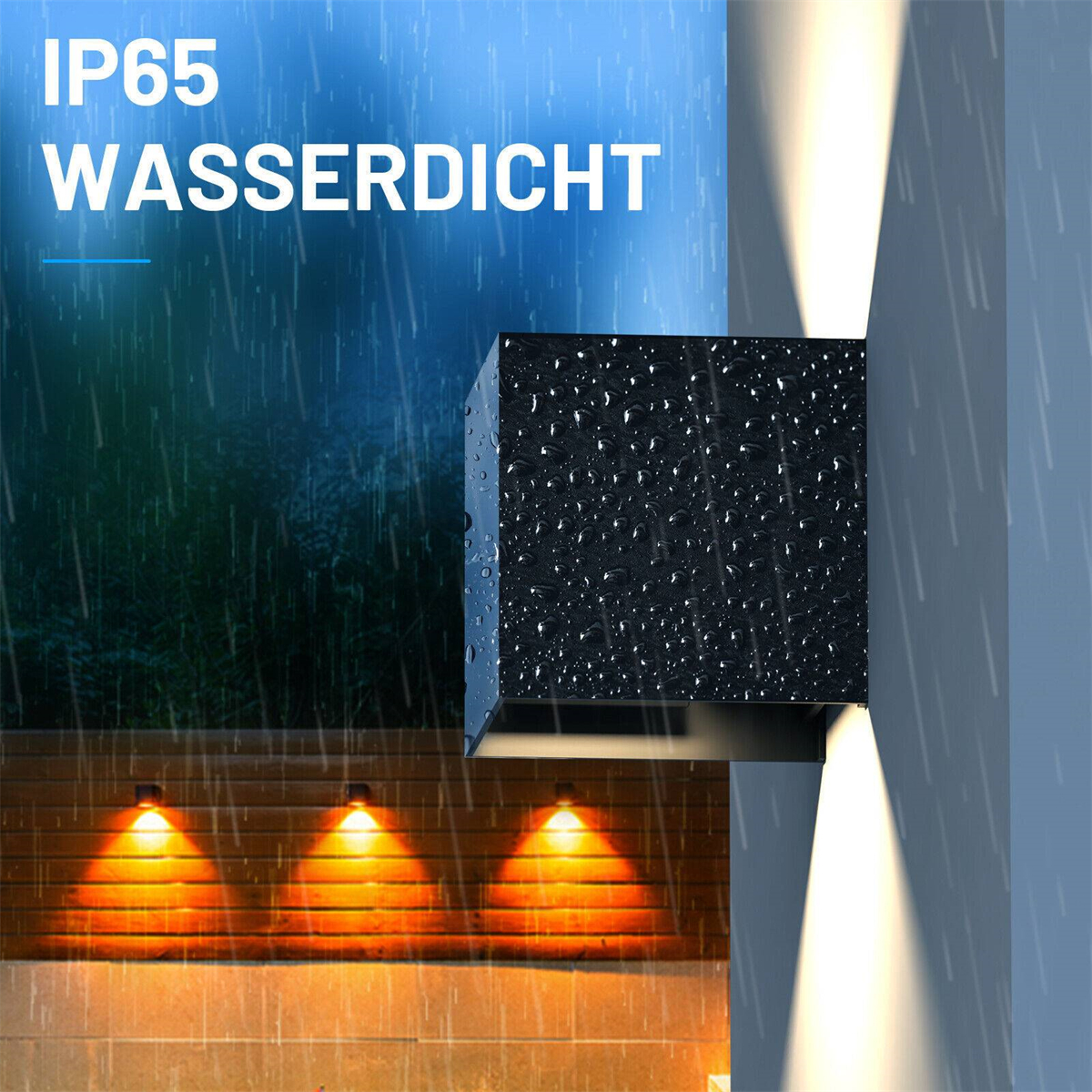 Außenwandleuchte an einer Ziegelmauer, mit Regen-Effekt. Zwei nach unten gerichtete Lichter.