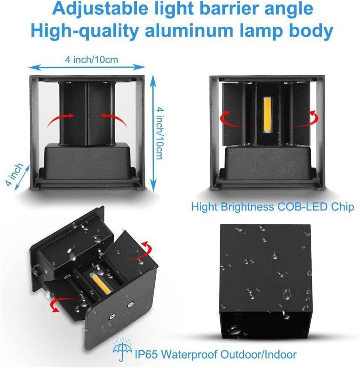 Diagramm einer Außenleuchte. Zeigt Abmessungen und einen hochhellen COB-LED-Chip.