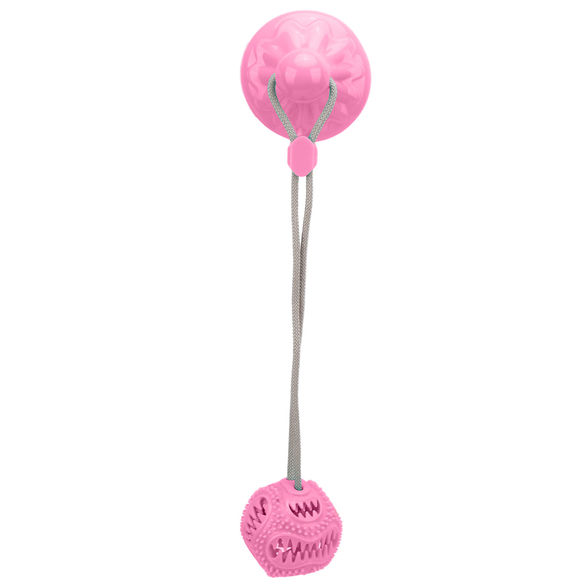 Rosa Hundespielzeug mit Ball und Saugnapf, verbunden durch ein graues Seil.