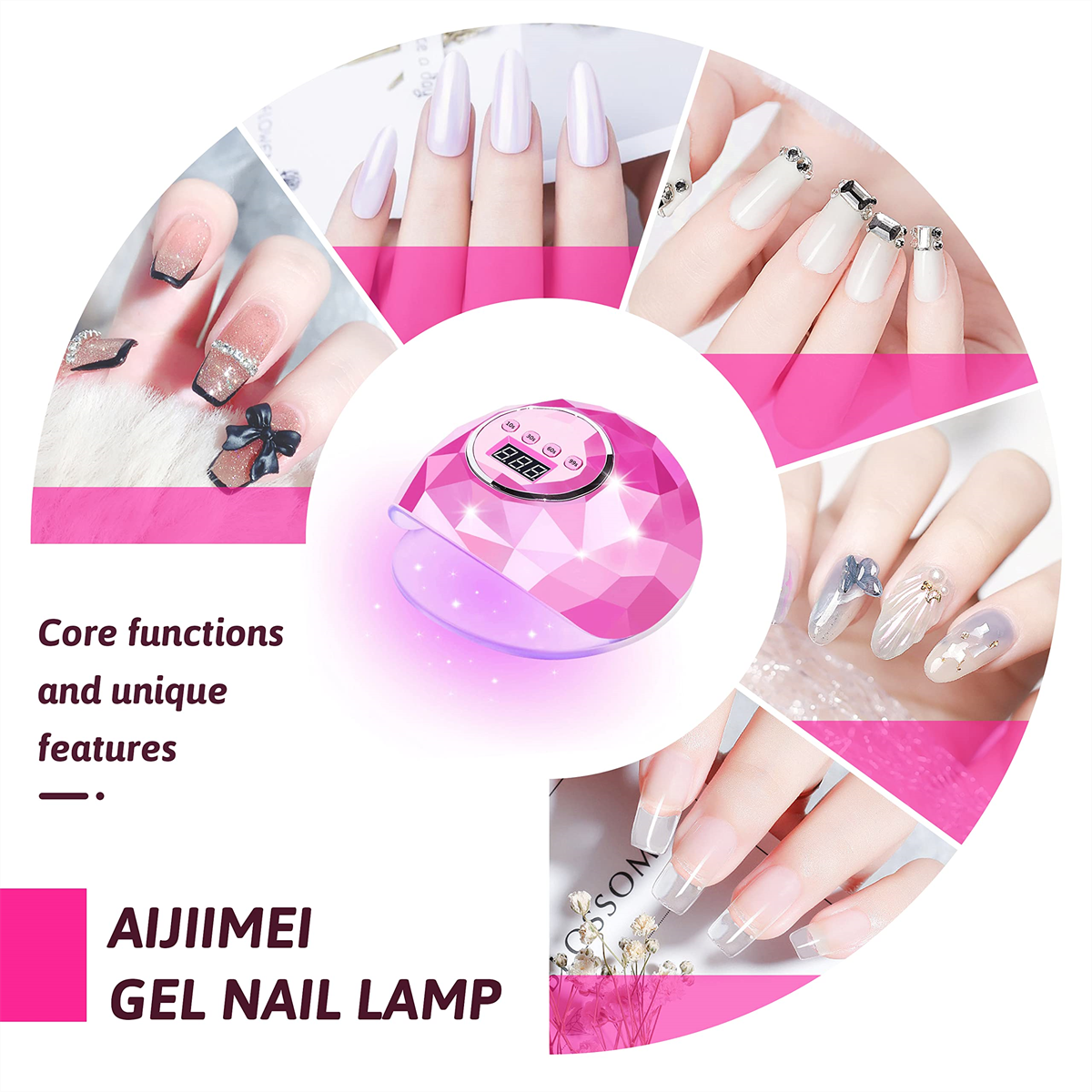 Rosa Nagellampe mit Digitalanzeige, umgeben von Bildern manikürter Nägel.