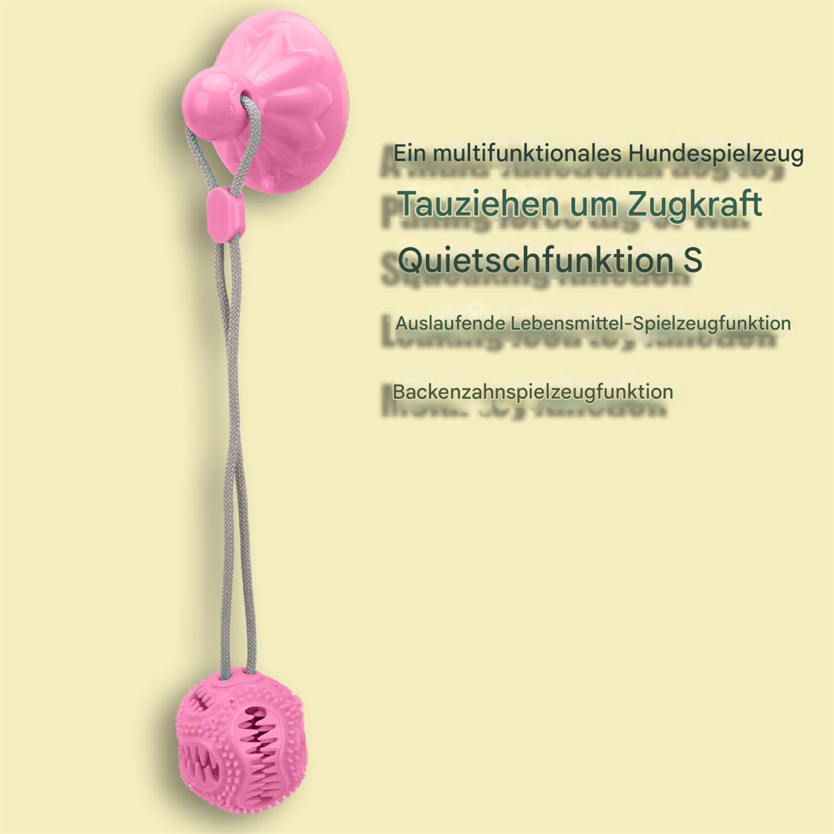 Rosa Hundespielzeug mit Saugnapf und Ball. Spielzeug hat Seil und Ball mit zahnartigen Kanten.