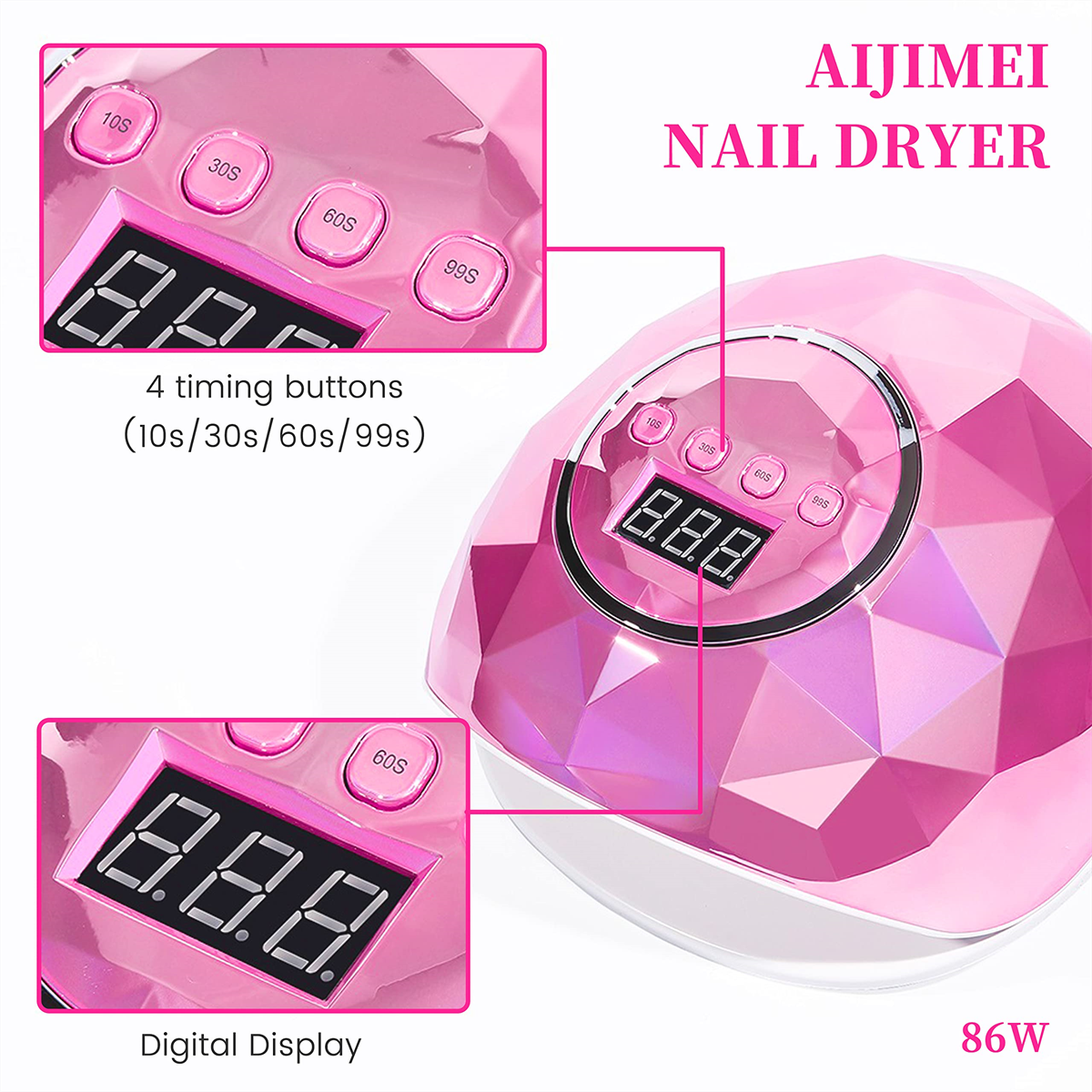 Pinkfarbener Nageltrockner mit Digitalanzeigen und Knöpfen. Nahaufnahmen zeigen Zeitoptionen und Details der Digitalanzeige.
