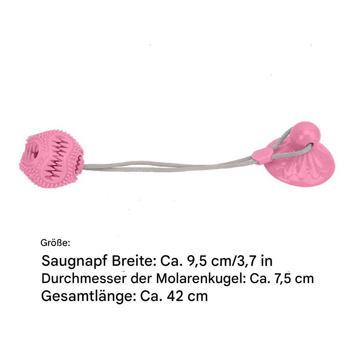 Rosa Hundespielzeug mit strukturiertem Ball und Saugnapf. Maße im Text.