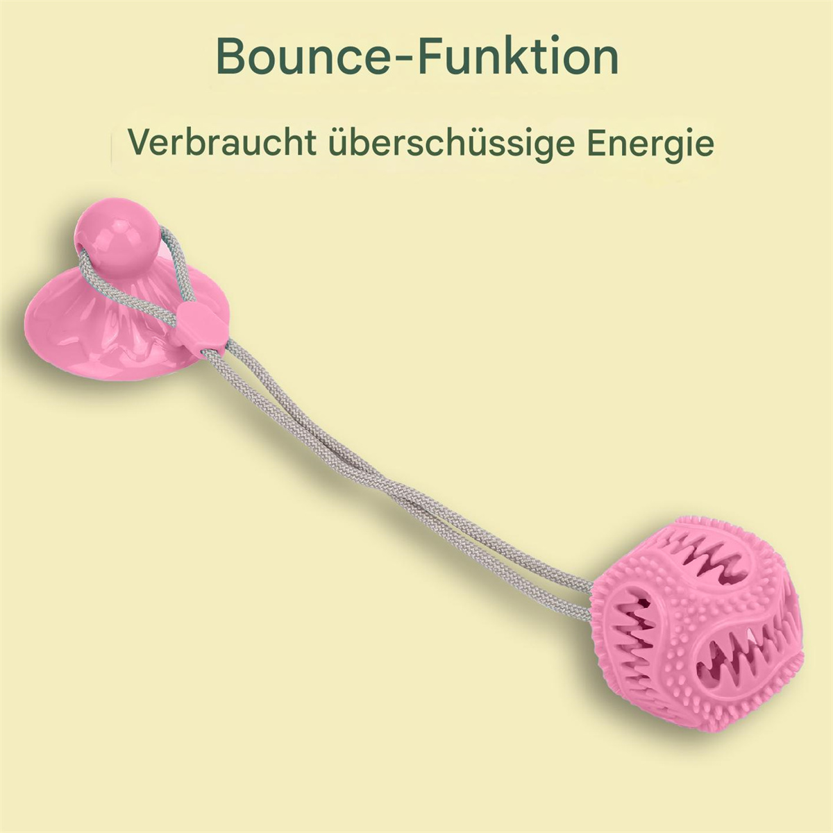 Rosa Hundespielzeug mit Saugnapf und strukturierter Kugel mit Schnur.