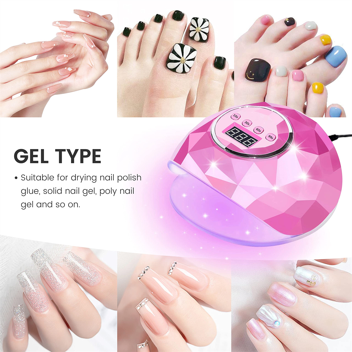 Pinkfarbene Nagellampe, Maniküre-Nägel, Füße in verschiedenen Designs, und die Worte GEL TYPE.