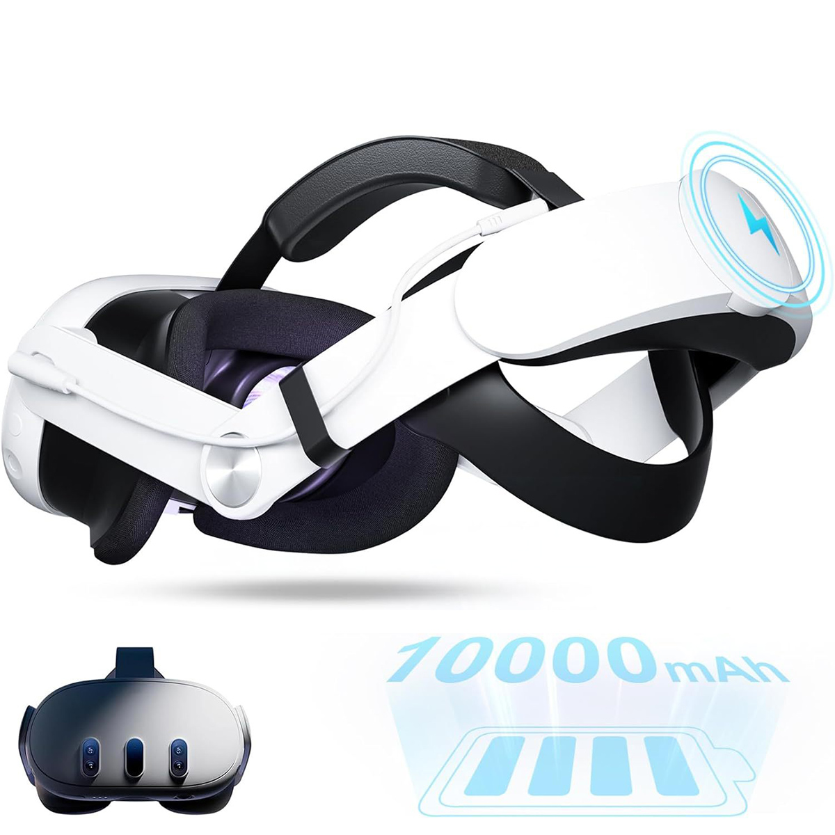 Weiß-schwarzes VR-Headset, schwarze Riemen, schwebendes Batterie-Symbol mit 10000mAh Text.