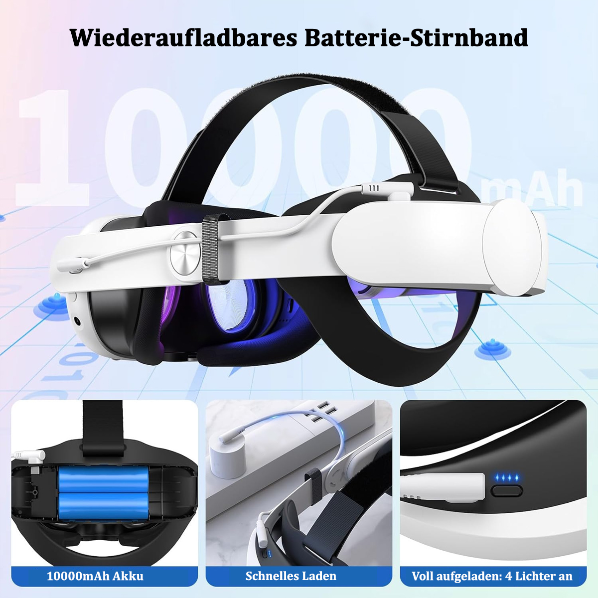VR-Headset mit Akkupack und drei Bildern, die das Laden und den Batteriestatus veranschaulichen.