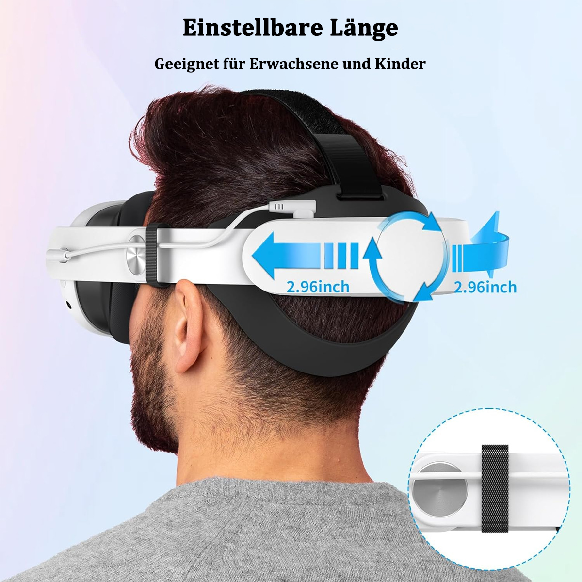 Ein Mann mit einem VR-Headset. Pfeile zeigen den Einstellbereich von 2,96 Zoll an.