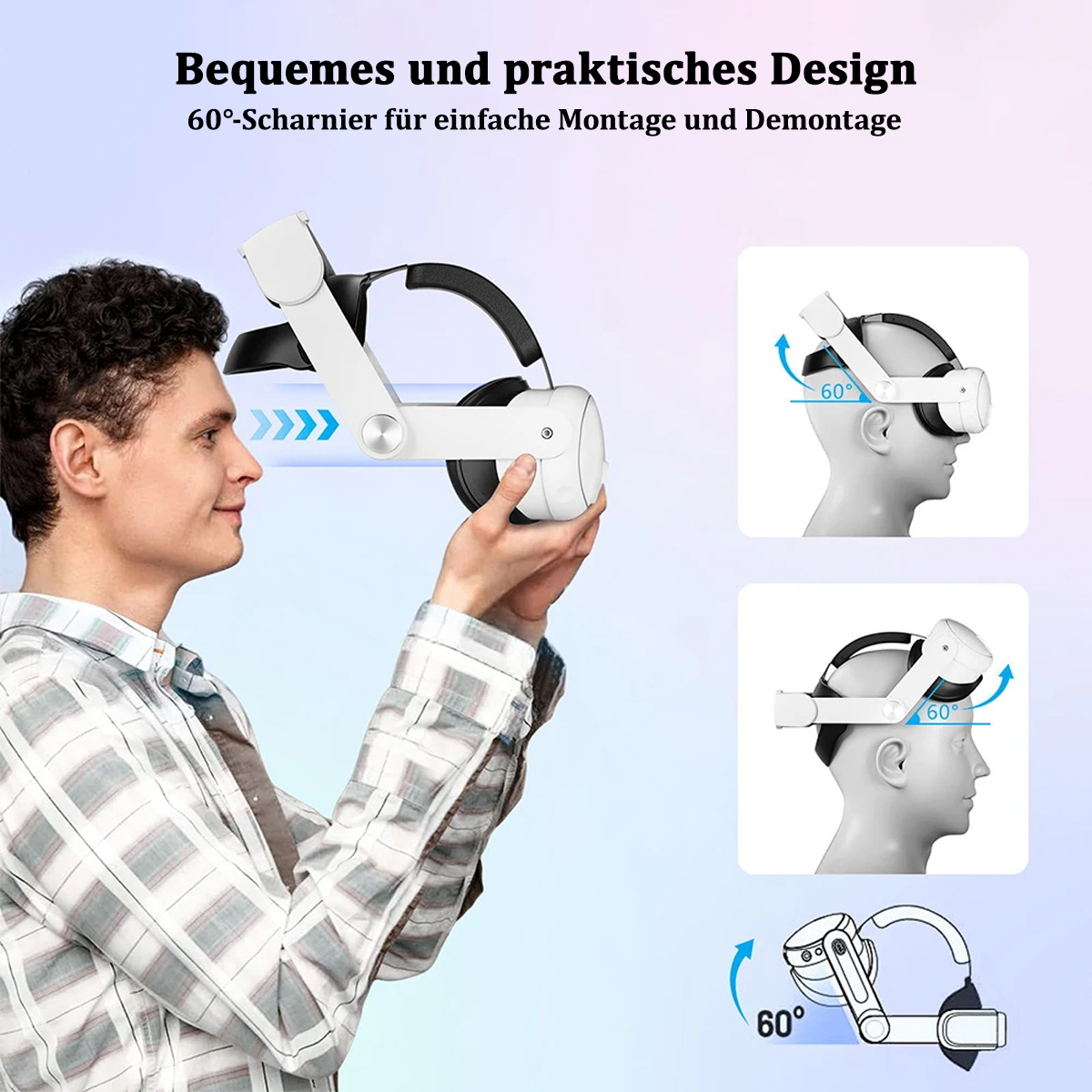 Mann demonstriert VR-Headset-Montage. Diagramme zeigen Einstellwinkel.