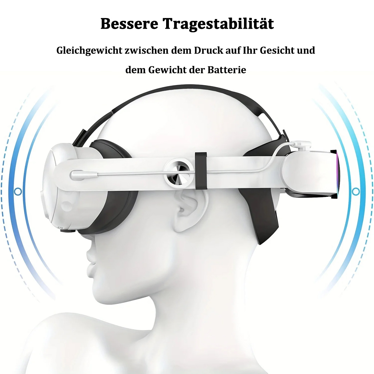 Ein weißer Schaufensterpuppenkopf mit einem VR-Headset. Das Headset ist weiß und schwarz.