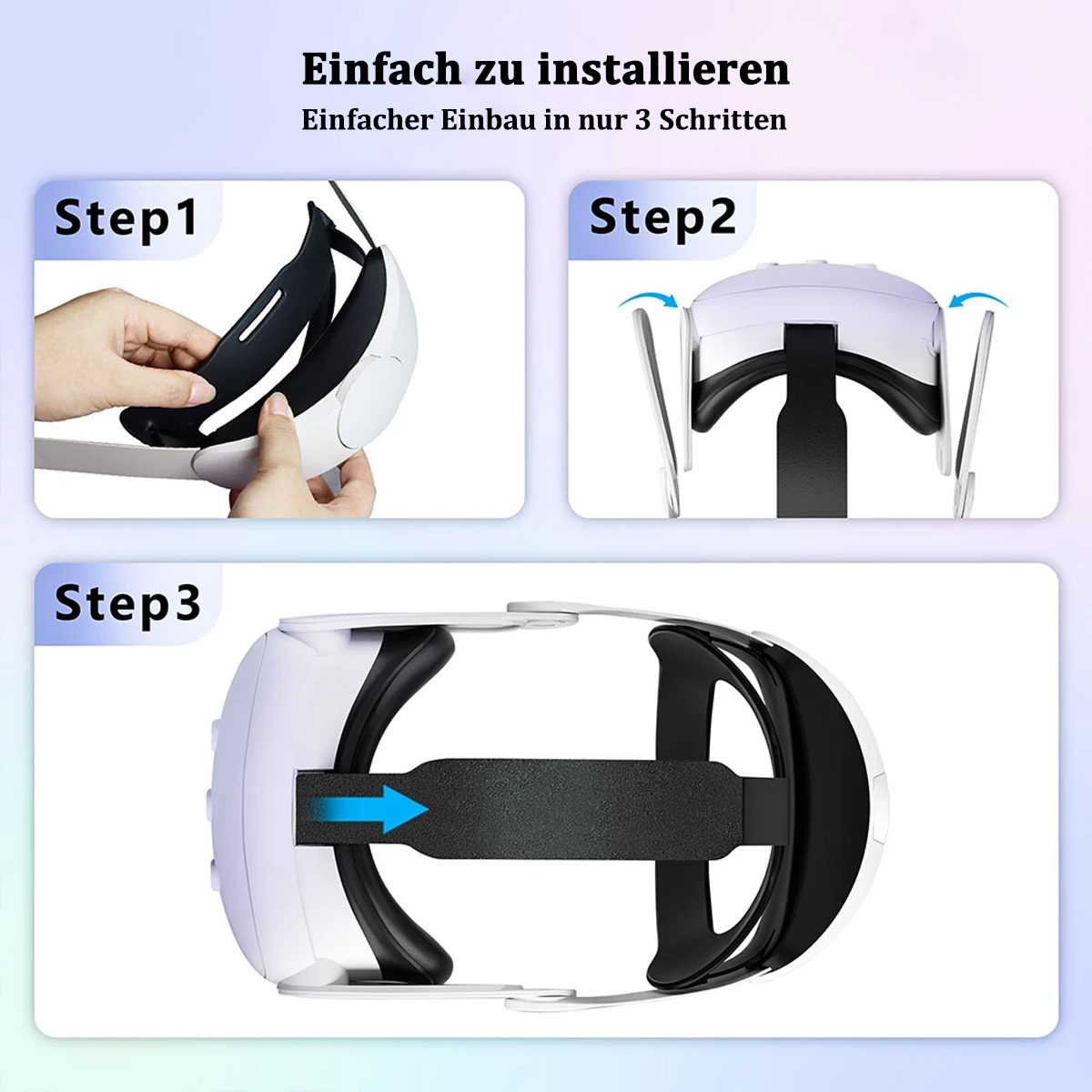 Drei Schritte zur Installation eines VR-Headsets, mit Händen und Headset-Komponenten.