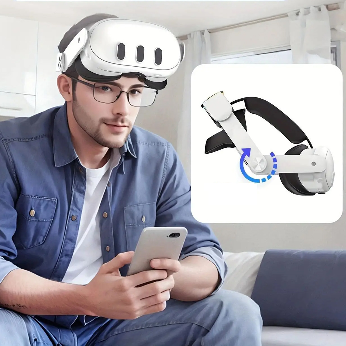 Ein Mann mit VR-Brille hält ein Telefon. Eine Illustration des Anpassungsmechanismus des VR-Headsets wird gezeigt.