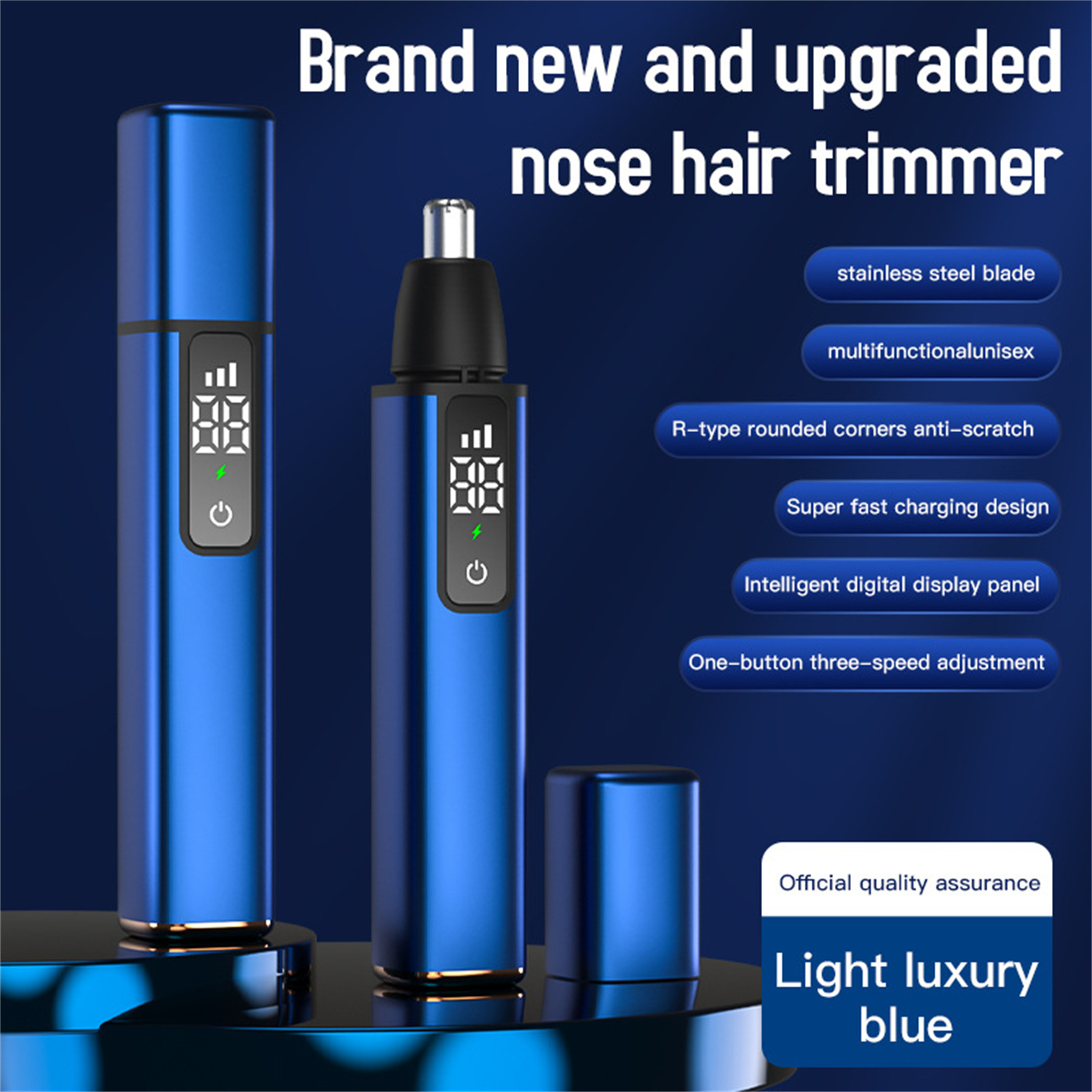 Zwei blaue Nasenhaartrimmer, mit Text zur Werbung. Sie haben digitale Displays und sind blau.