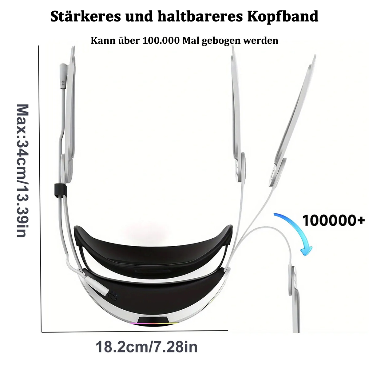Ein weißer VR-Headset-Rahmen mit schwarzer Polsterung, Abmessungen in cm und Zoll.
