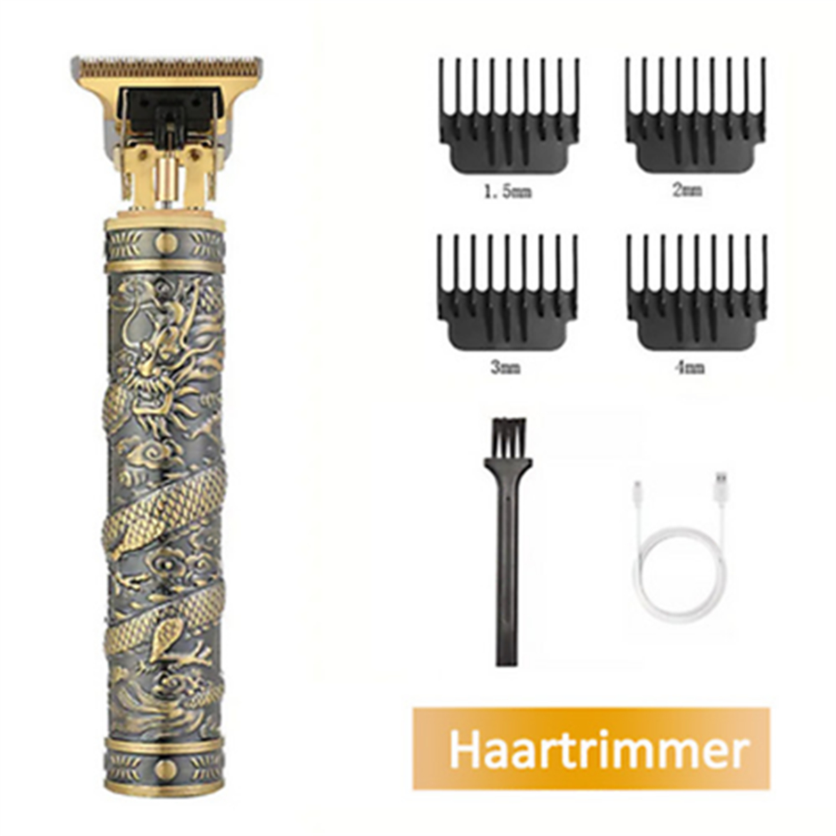 Ein goldener und bronzefarbener Haartrimmer mit Kämmen und Zubehör. Das Wort "Haartrimmer" ist sichtbar.