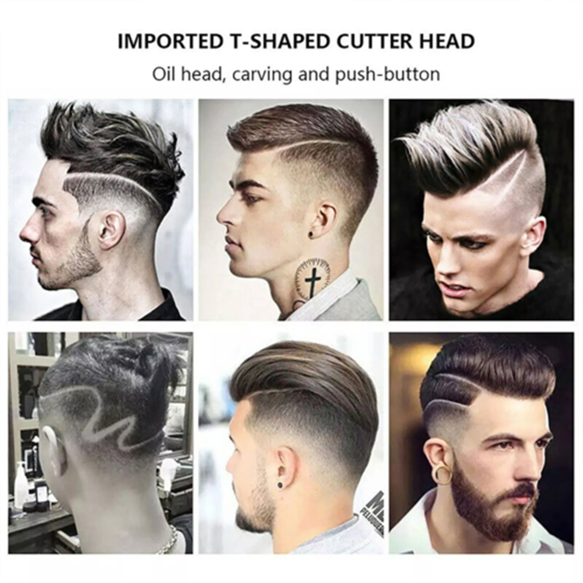 Eine Collage, die verschiedene Herrenfrisuren zeigt. Es sind alles Männer mit stilvollen Frisuren.