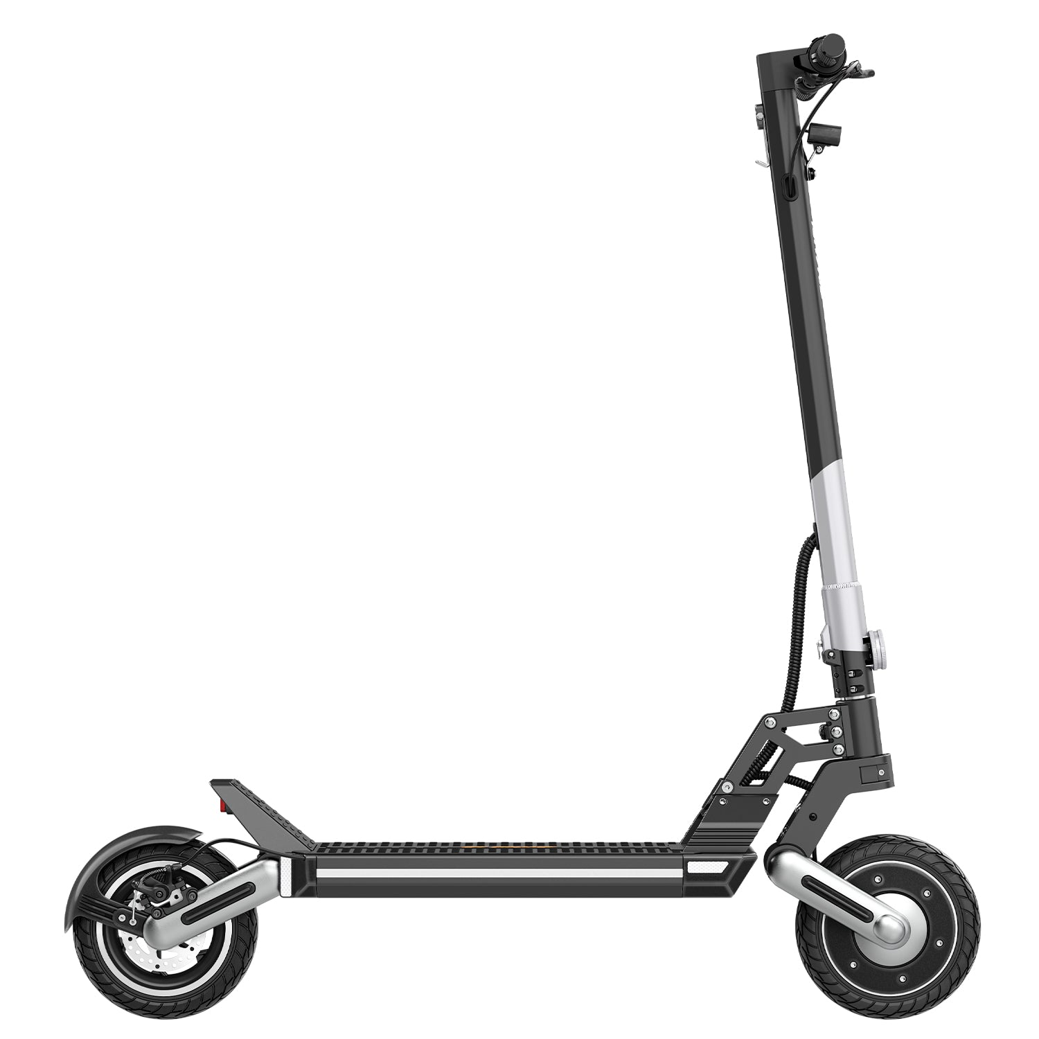 Scooter elettrico nero e argento su sfondo bianco. Ha due ruote.