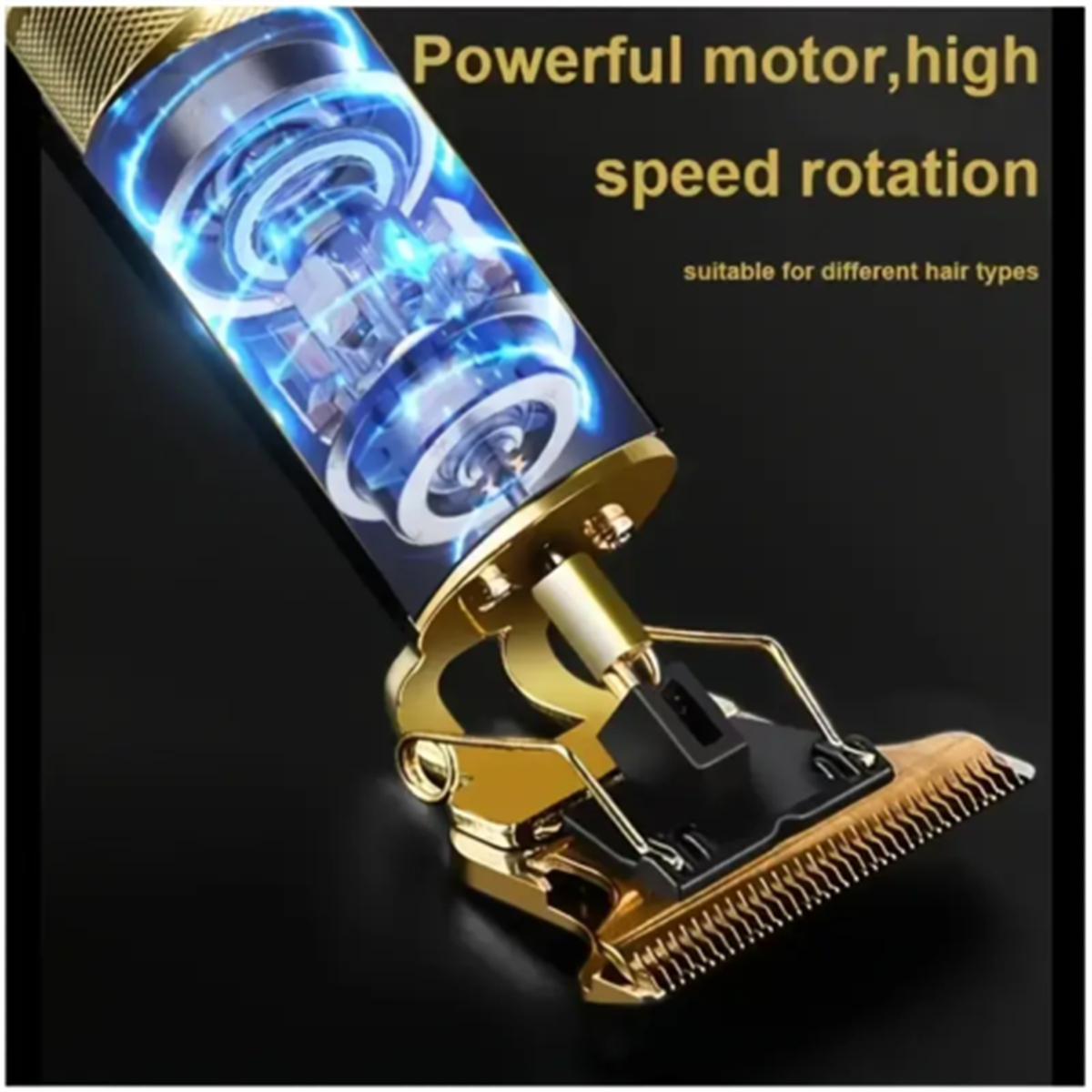 Ein goldfarbener elektrischer Haarschneider mit transparentem blauem Abschnitt mit Motor.