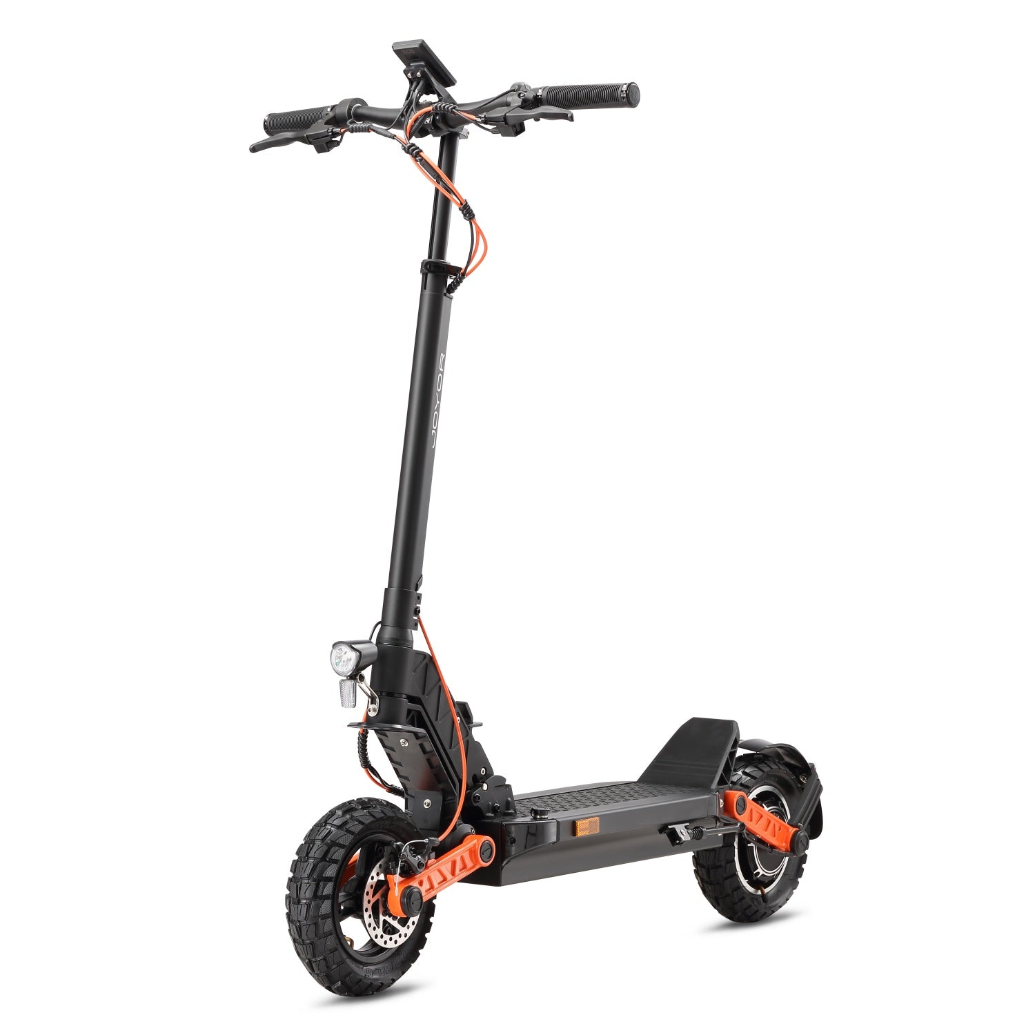 Schwarzer Elektroroller mit orangefarbenen Akzenten, großen Reifen und Frontlicht.