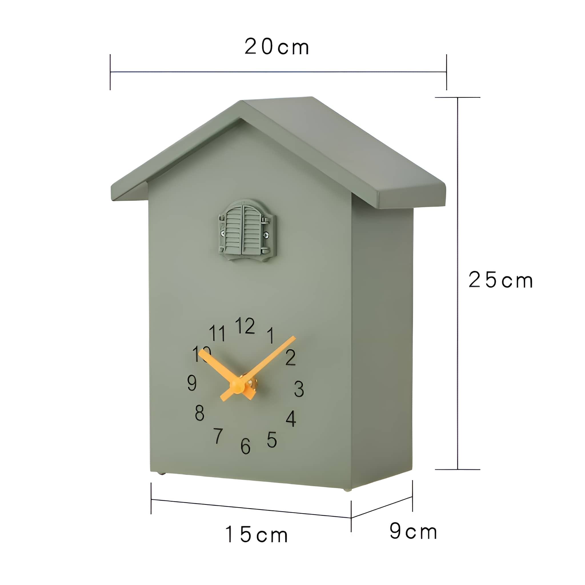 Grüne Vogelhaus-Uhr mit Maßen: 20x25x15x9cm. Gelbe Zeiger.
