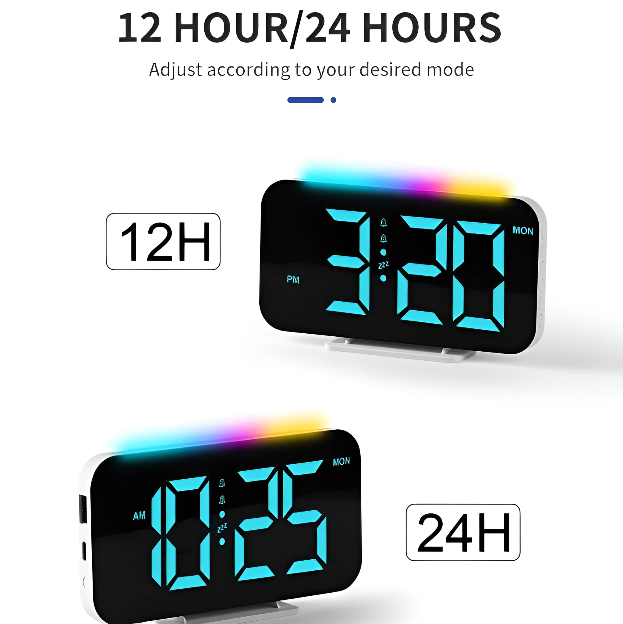 Digitaler Wecker, der 12-Stunden- und 24-Stunden-Zeitformate anzeigt.