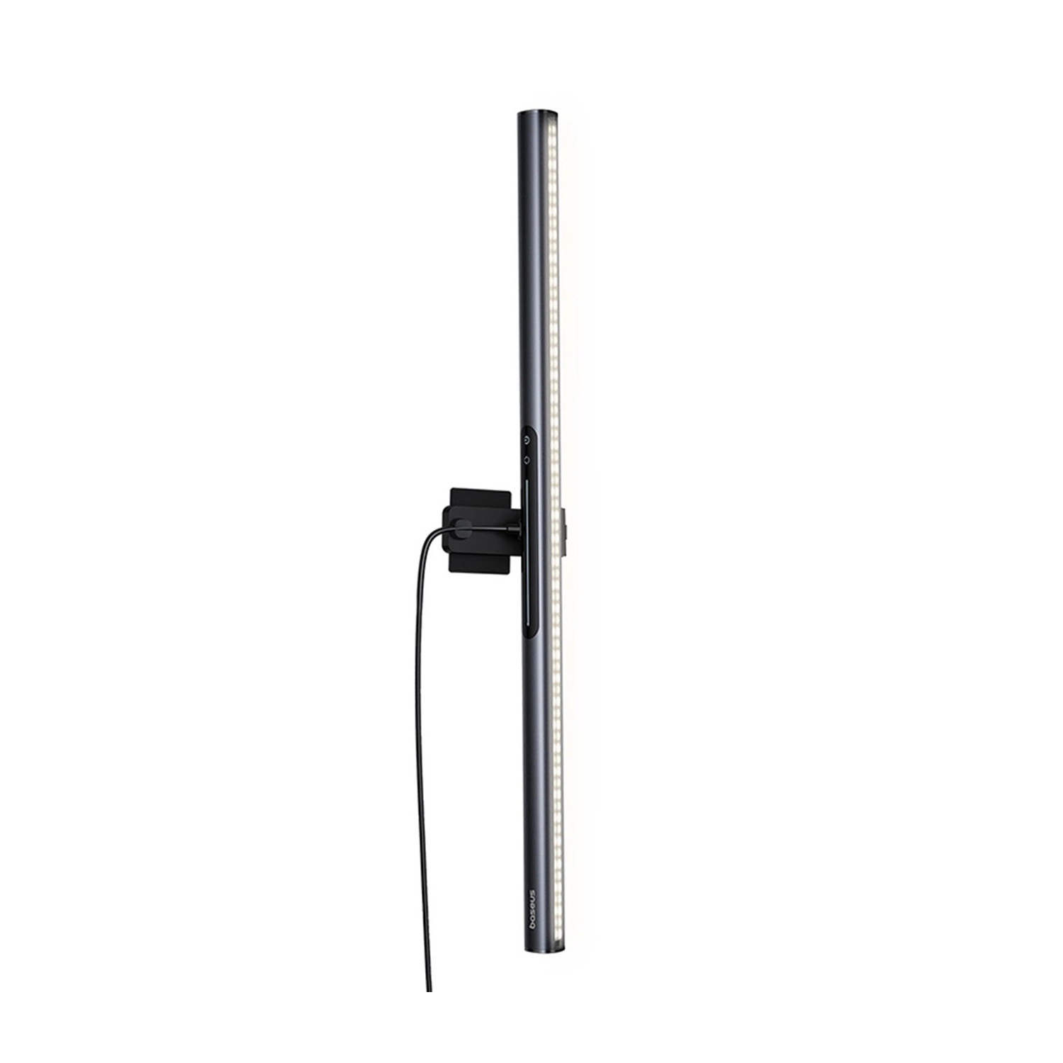 Een lange, zwarte Baseus bureaulamp, met een dun, verticaal ontwerp en aangesloten kabel.