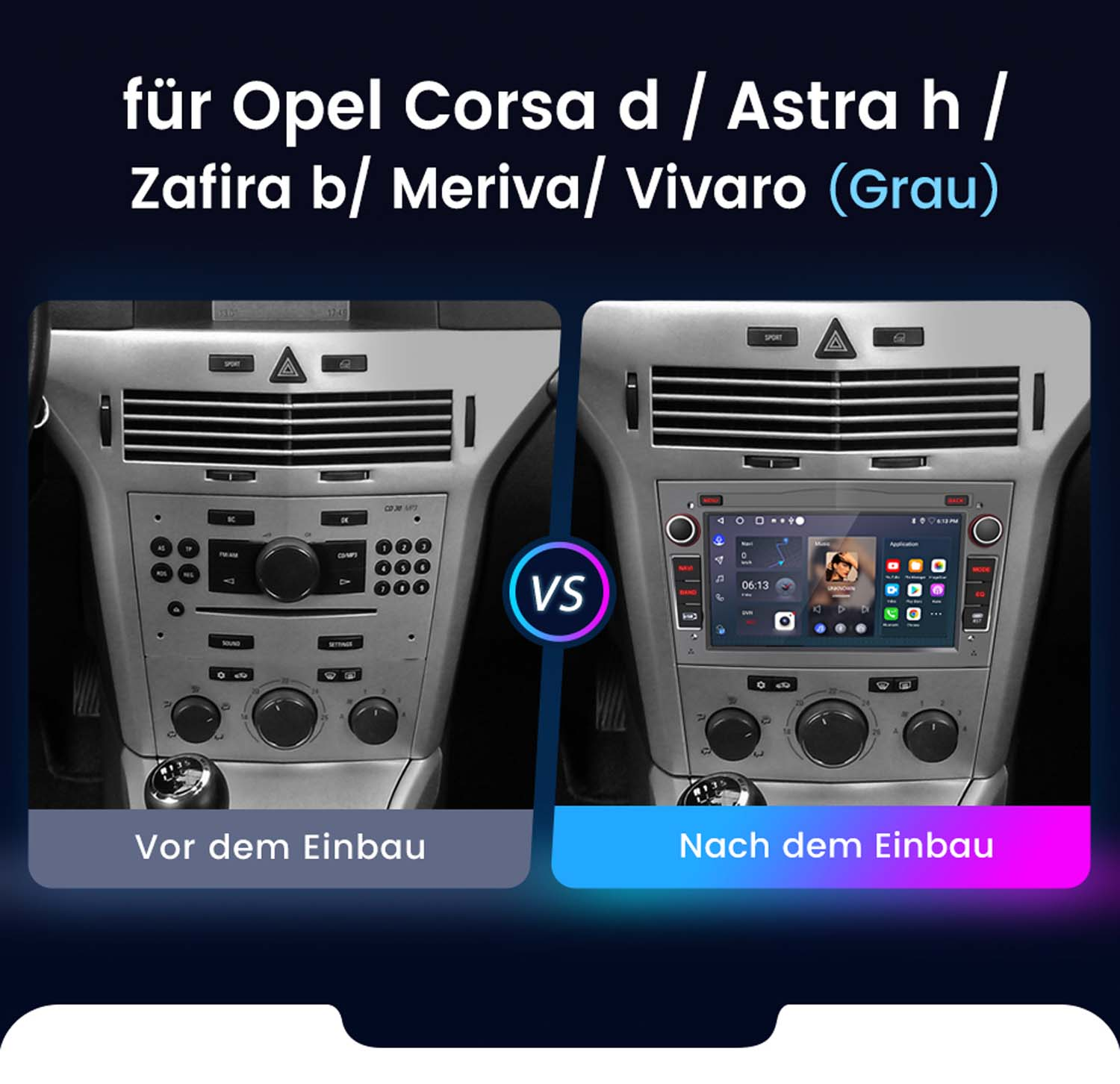 Ein Vergleich des Armaturenbretts eines Autos vor und nach der Installation eines neuen Infotainmentsystems.