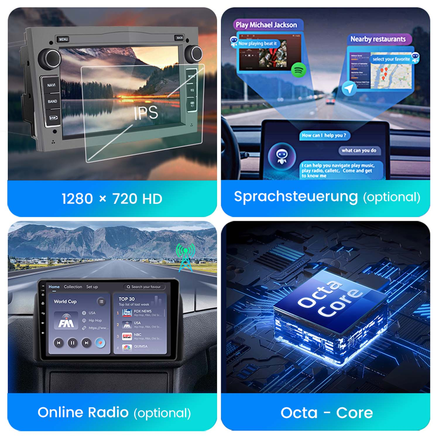 Vier Bilder, die ein Autoradiosystem zeigen, einschließlich der Bildschirmschnittstelle und Funktionen wie Radio.