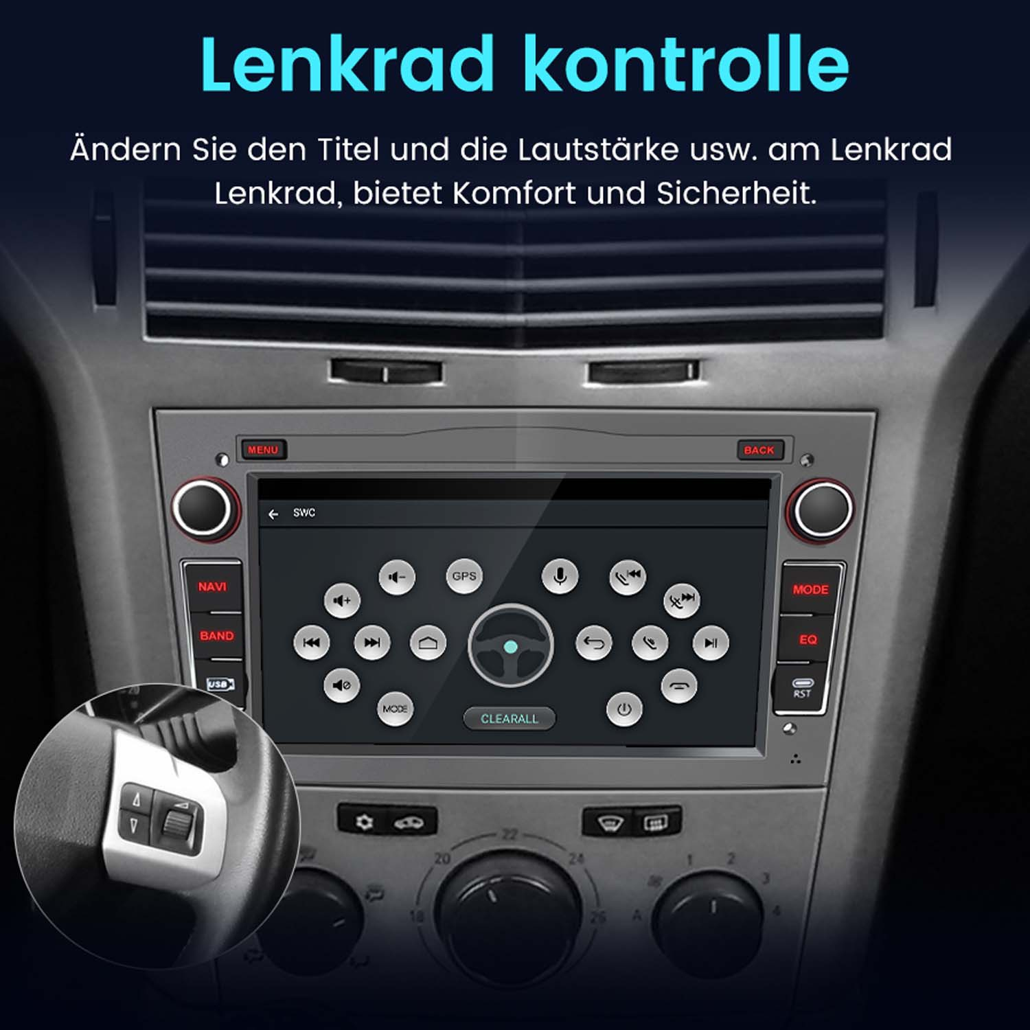 Autoradio mit Bildschirm und Knöpfen. Eine Hand am Lenkrad mit Bedienelementen.