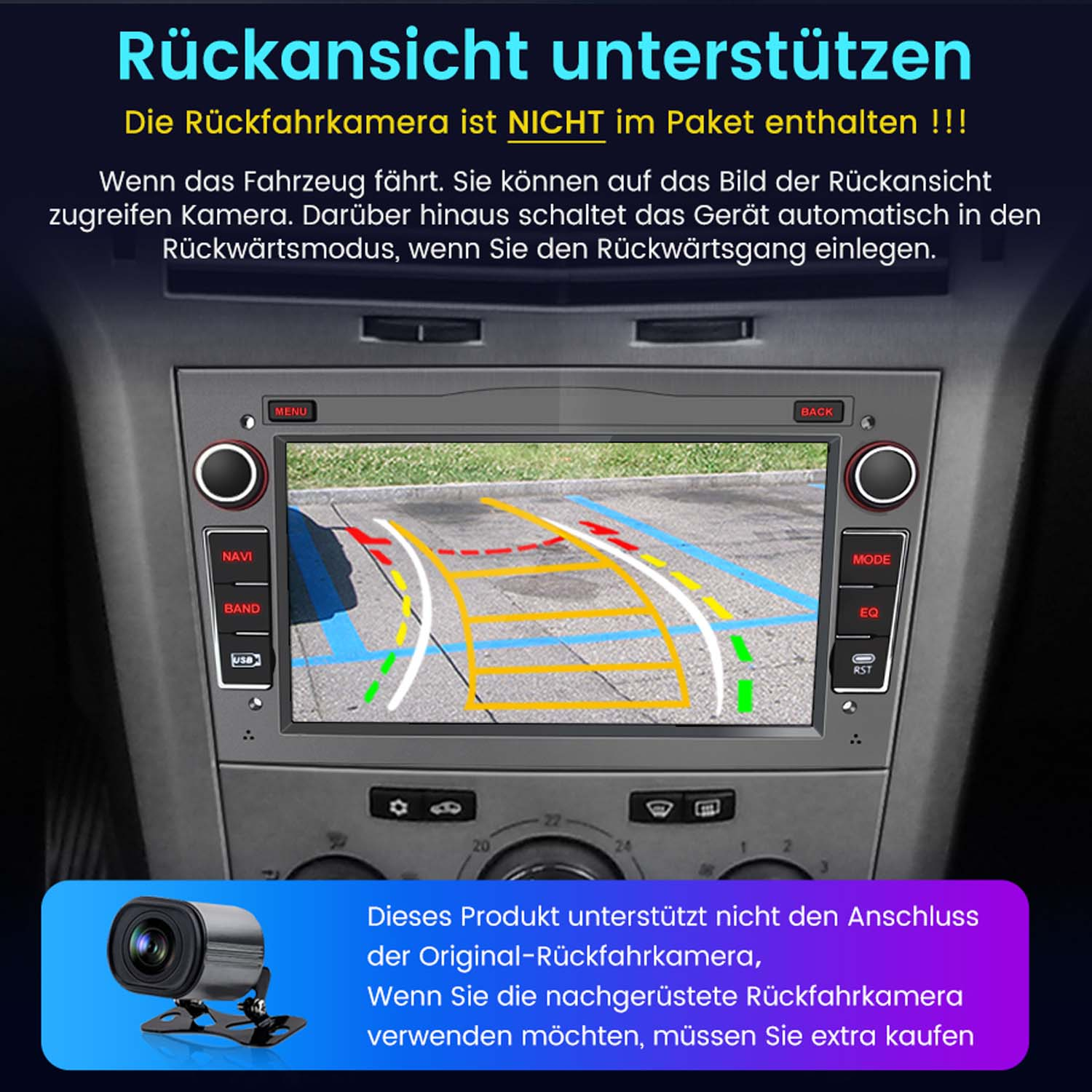Autoradio mit Rückfahrkamera-Anzeige und Kameramodul.